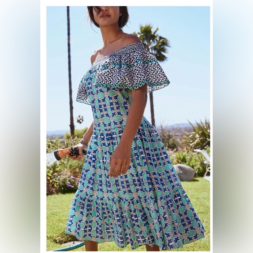 Ro’s Garden Blue & Green Geometric Print Dress – Ruffle Sleeve – Size Small - Picture 6 of 7